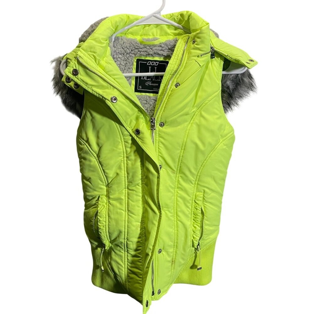 LJ Black Premium Womens Vest S Neon Yellow Faux‎ Fur Hood Winter
